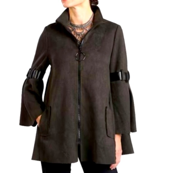 NEW Connie K Olive Green Faux Suede Swing Jacket Circle Zipper Tab Sleeve Size S - Picture 1 of 11